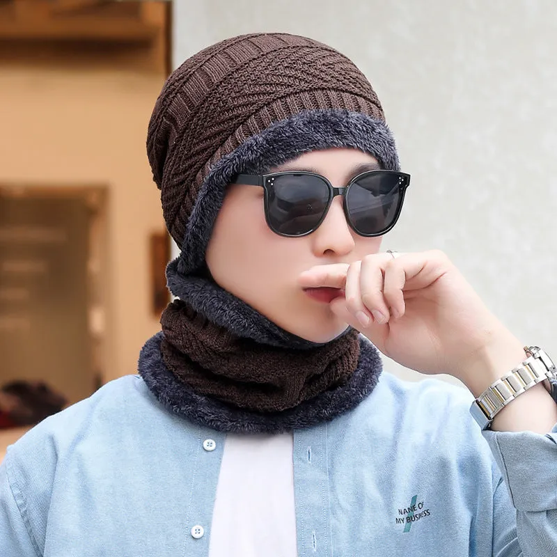 Wool knitted balaclava winter hat in navy blue, one size, unisex design with neck protection