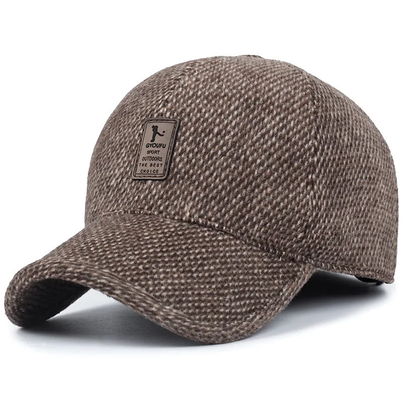 Men's wool felt winter baseball cap with short curling brim, dome top, in coffee brown colour