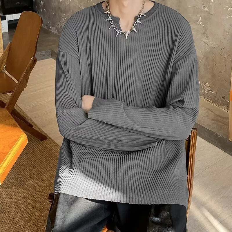 Plus size striped pullover top in loose fit, shown in grey colour.