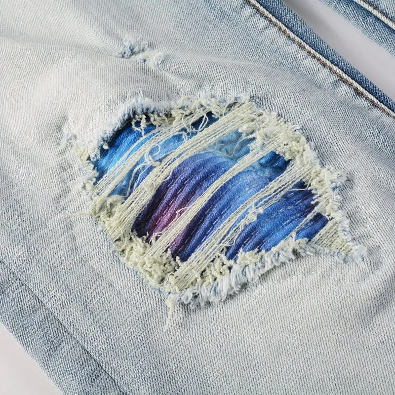 Distressed cat beard patch ripped stretch denim jeans for youth, mid rise, straight leg, cotton, sizes 28 to 40