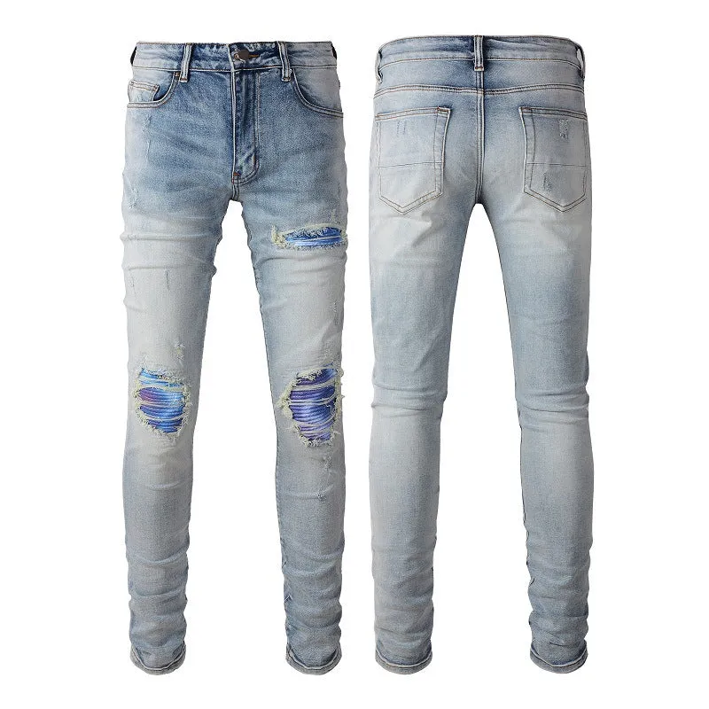 Distressed cat beard patch ripped stretch denim jeans for youth, mid rise, straight leg, cotton, sizes 28 to 40