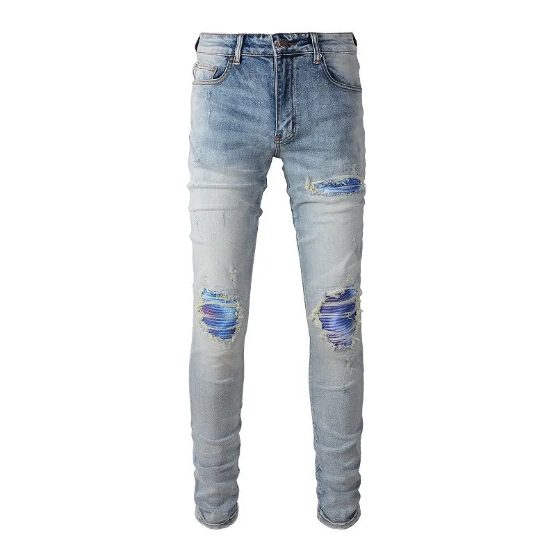 Distressed cat beard patch ripped stretch denim jeans for youth, mid rise, straight leg, cotton, sizes 28 to 40