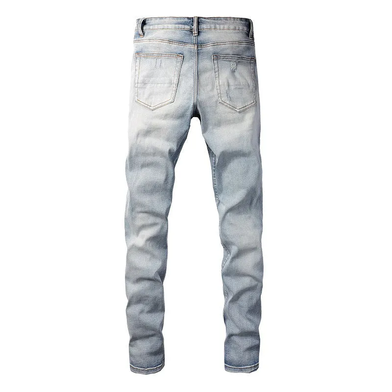 Distressed cat beard patch ripped stretch denim jeans for youth, mid rise, straight leg, cotton, sizes 28 to 40