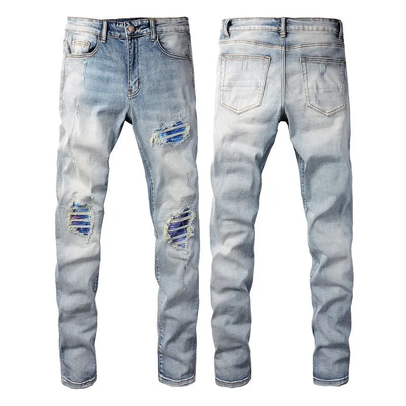 Distressed cat beard patch ripped stretch denim jeans for youth, mid rise, straight leg, cotton, sizes 28 to 40