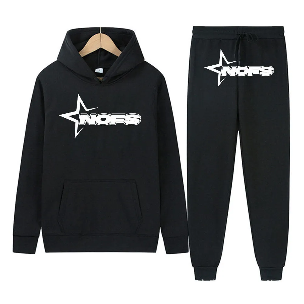 Unisex Gothic punk two-piece streetwear set with hooded sweater and matching trousers in light gray with white lettering