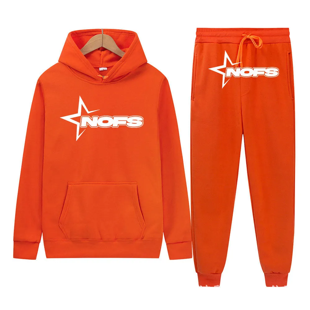 Unisex Gothic punk two-piece streetwear set with hooded sweater and matching trousers in light gray with white lettering