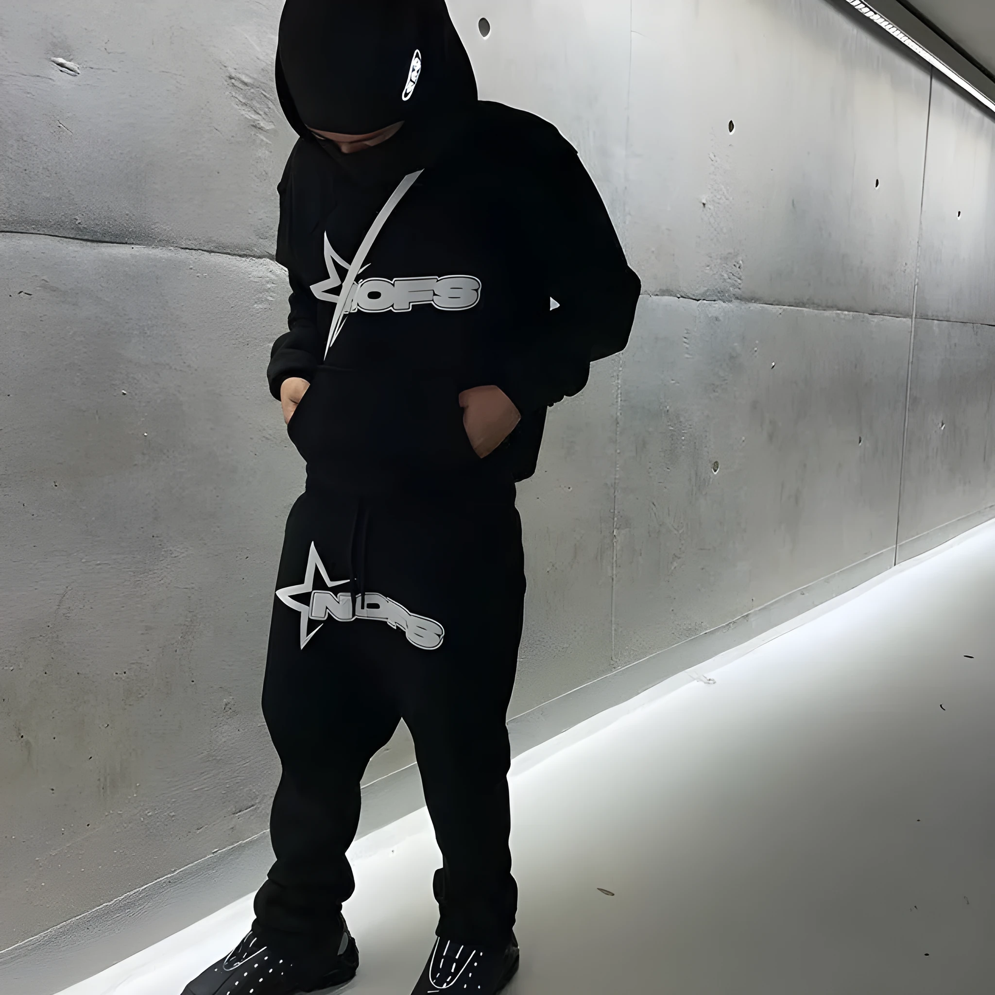 Unisex Gothic punk two-piece streetwear set with hooded sweater and matching trousers in light gray with white lettering