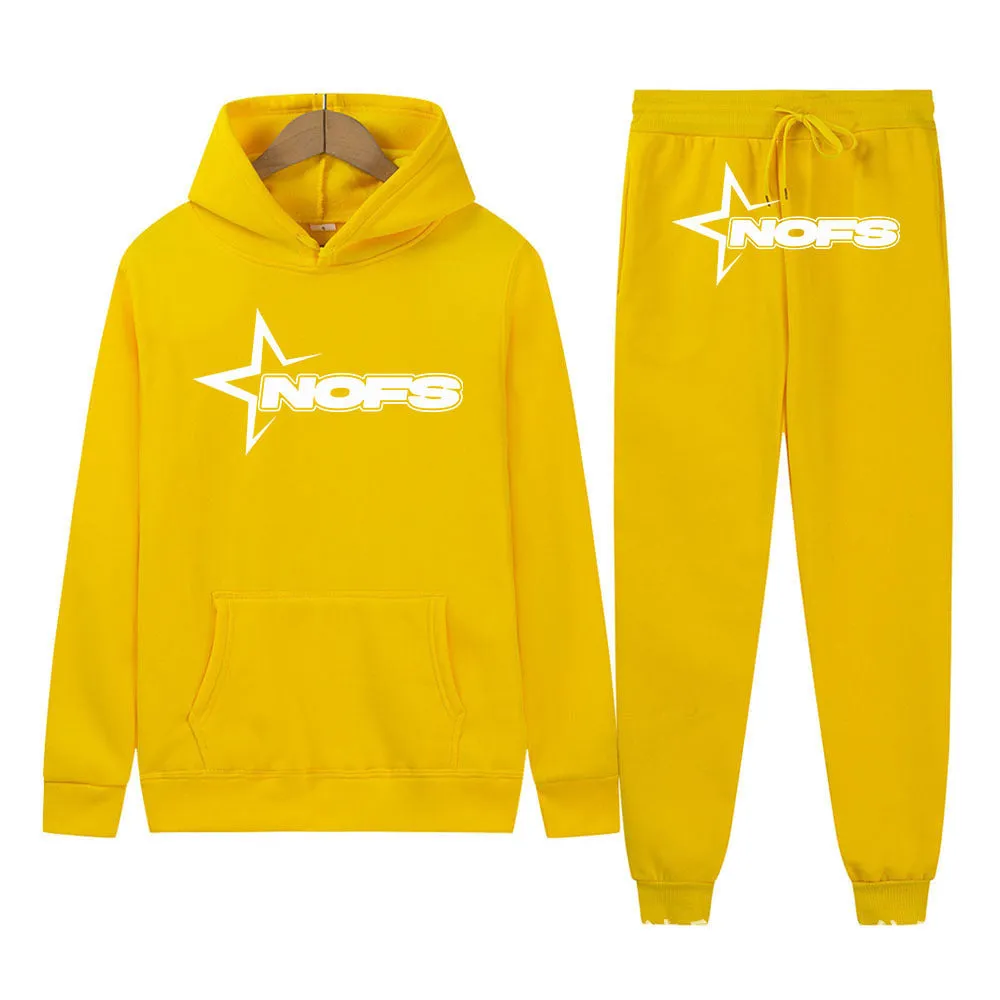Unisex Gothic punk two-piece streetwear set with hooded sweater and matching trousers in light gray with white lettering