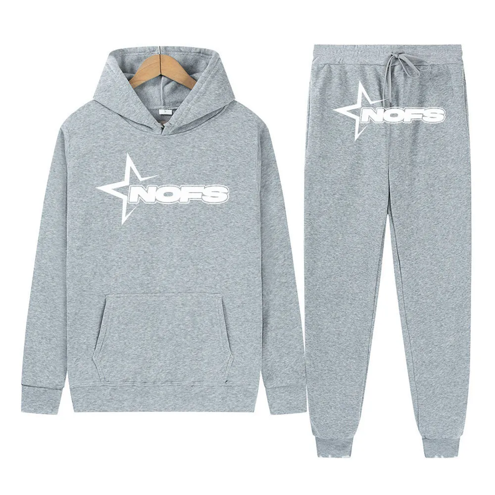Unisex Gothic punk two-piece streetwear set with hooded sweater and matching trousers in light gray with white lettering