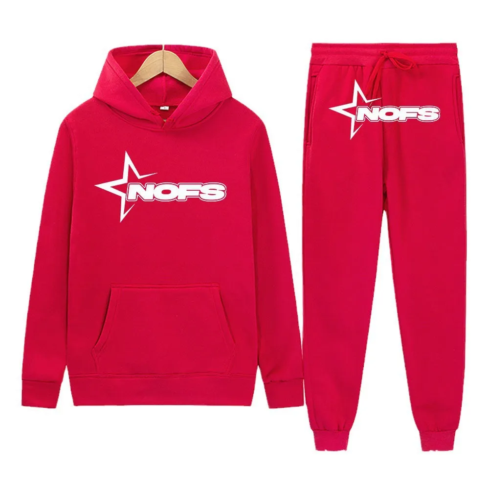 Unisex Gothic punk two-piece streetwear set with hooded sweater and matching trousers in light gray with white lettering