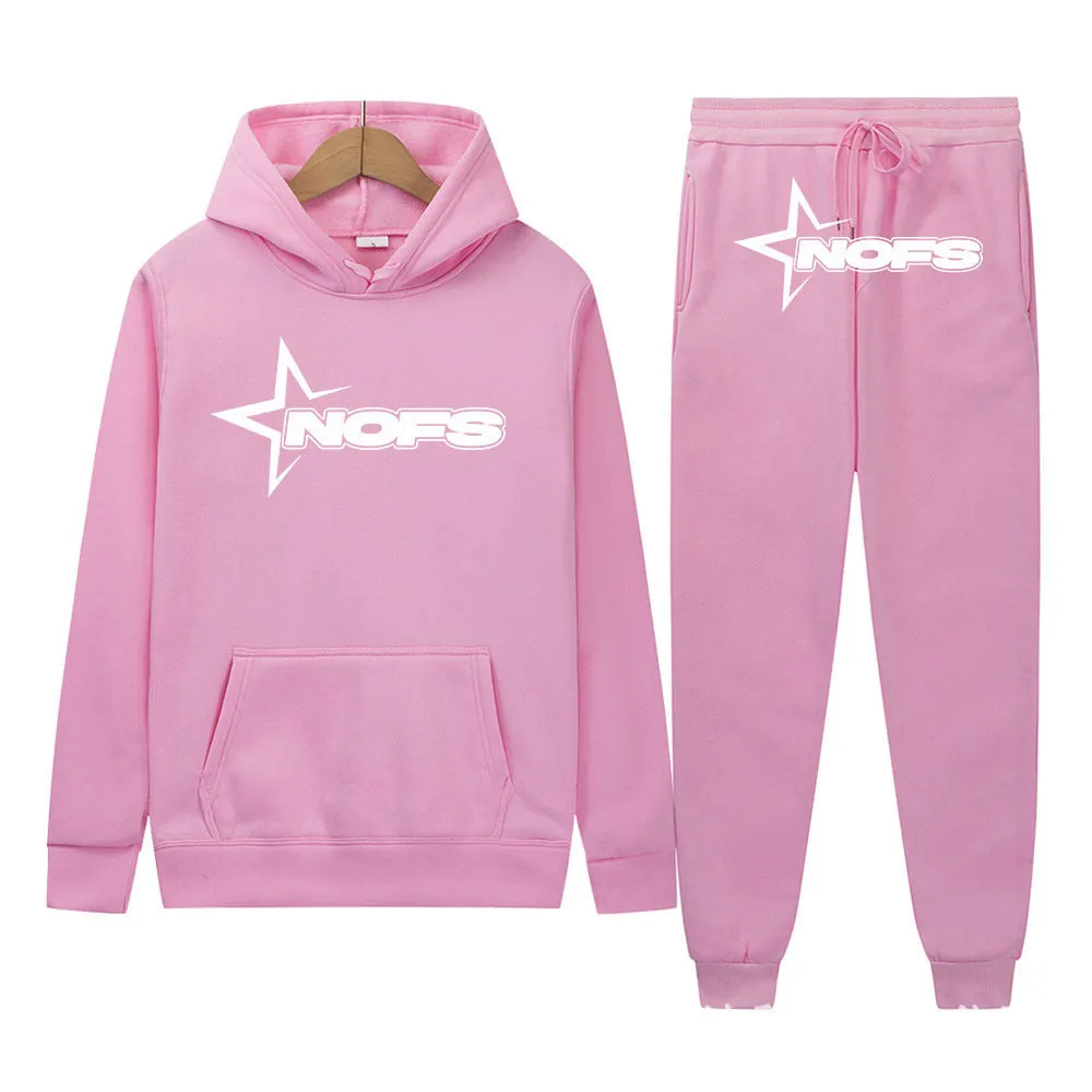 Unisex Gothic punk two-piece streetwear set with hooded sweater and matching trousers in light gray with white lettering