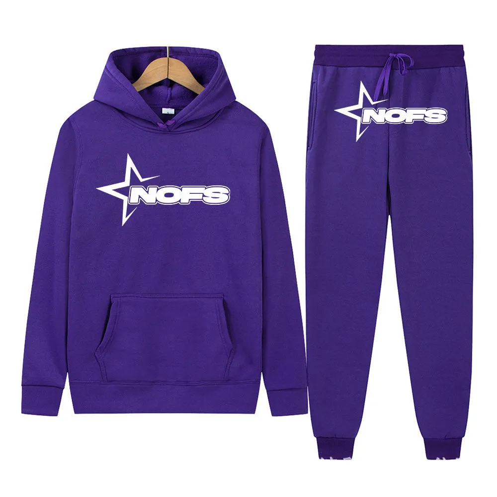 Unisex Gothic punk two-piece streetwear set with hooded sweater and matching trousers in light gray with white lettering