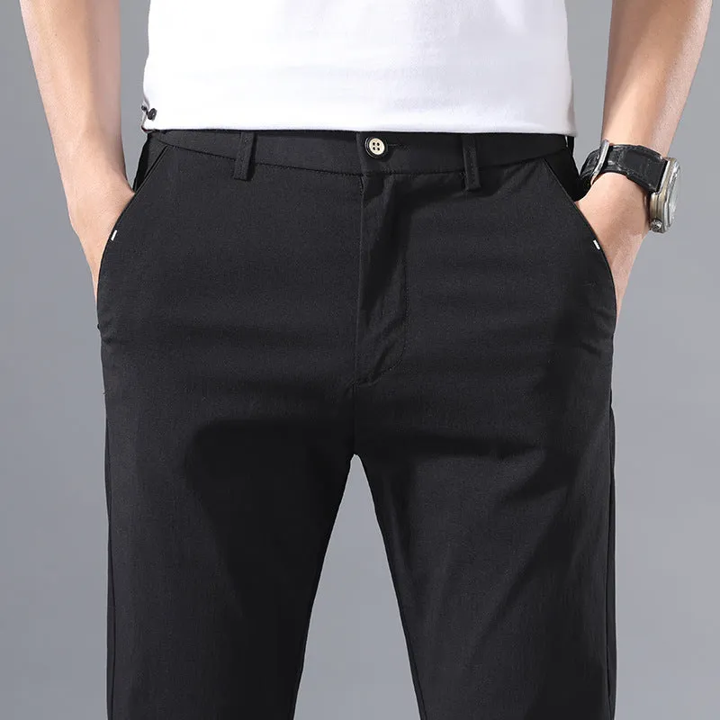 Men's straight-leg summer trousers in Light Grey, mid-waist cotton ice silk casual pants