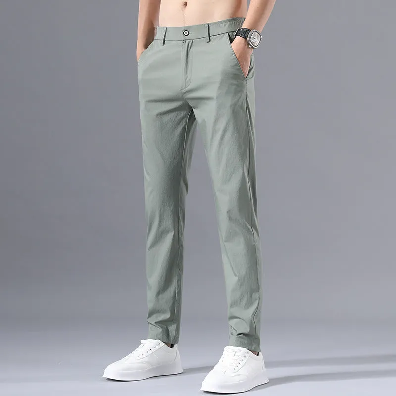 Men's straight-leg summer trousers in Light Grey, mid-waist cotton ice silk casual pants