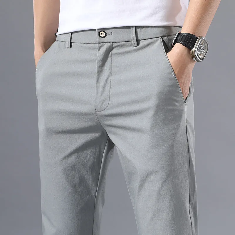 Men's straight-leg summer trousers in Light Grey, mid-waist cotton ice silk casual pants