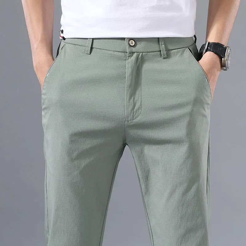 Men's straight-leg summer trousers in Light Grey, mid-waist cotton ice silk casual pants