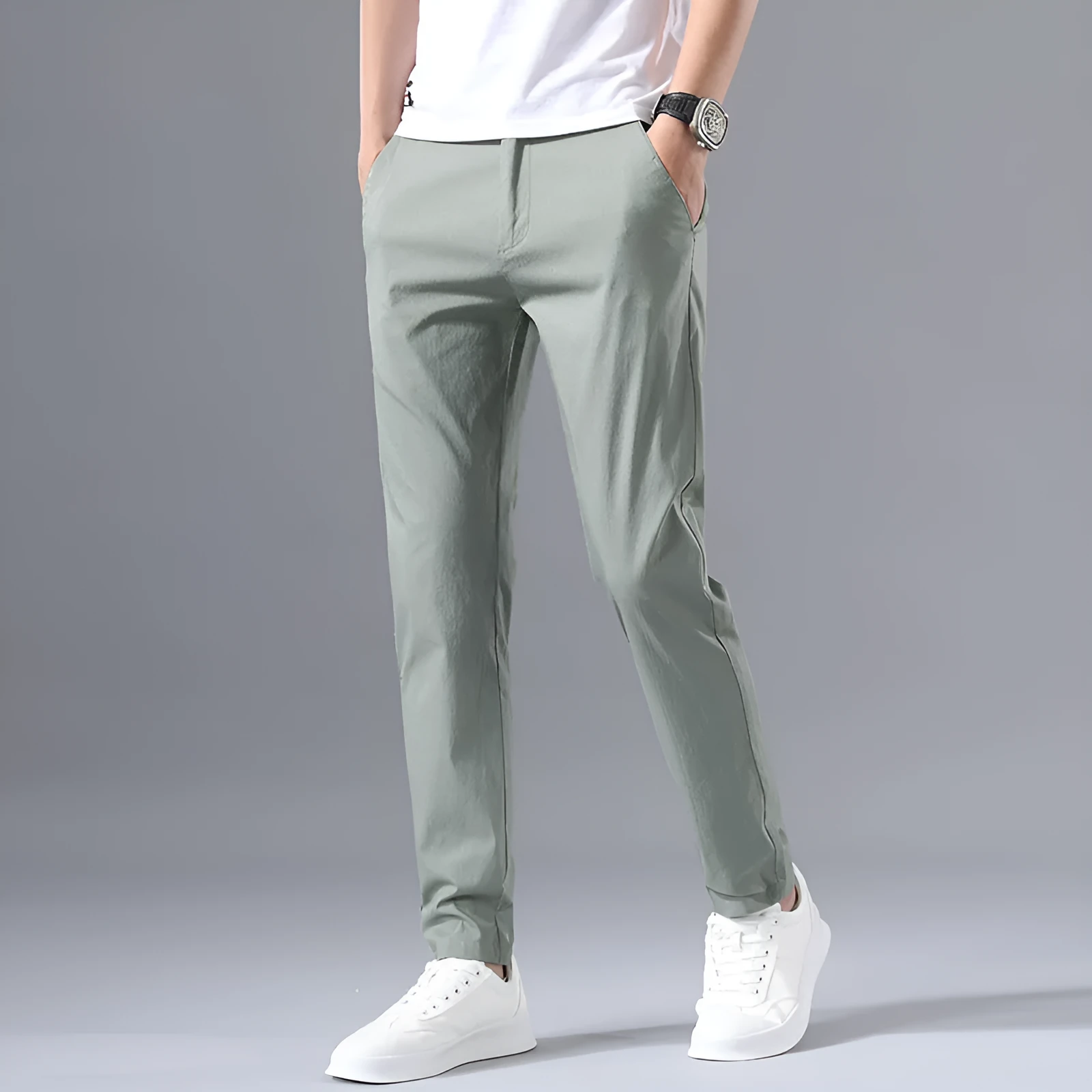 Men's straight-leg summer trousers in Light Grey, mid-waist cotton ice silk casual pants