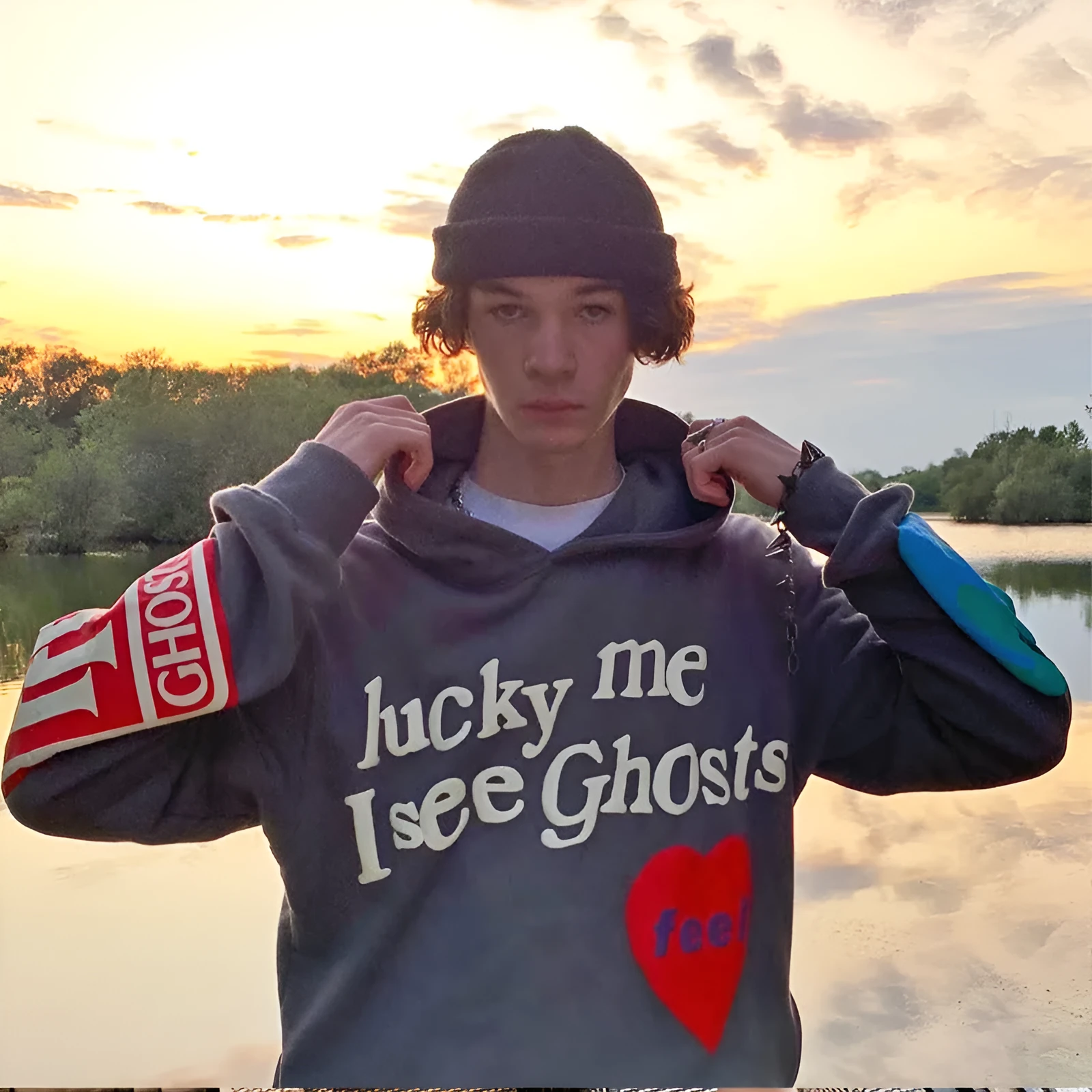 Loose cotton hoodie printed sweatshirt with letter pattern in grey, plus velvet lining, long sleeves