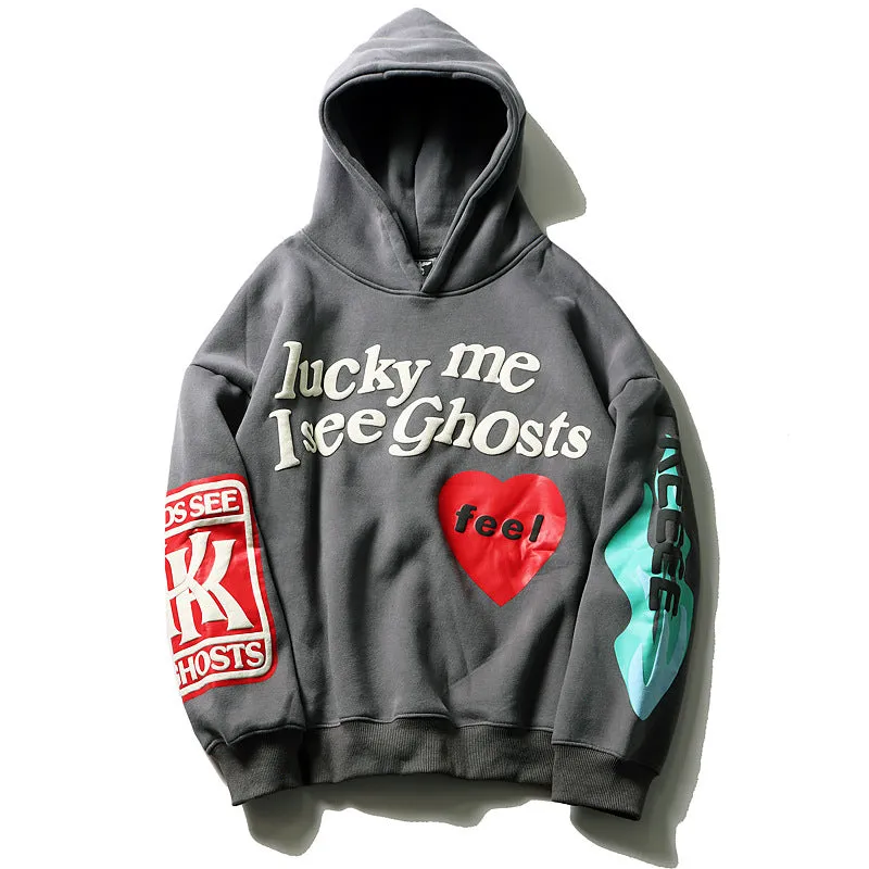 Loose cotton hoodie printed sweatshirt with letter pattern in grey, plus velvet lining, long sleeves