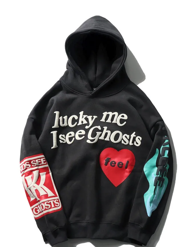 Loose cotton hoodie printed sweatshirt with letter pattern in grey, plus velvet lining, long sleeves