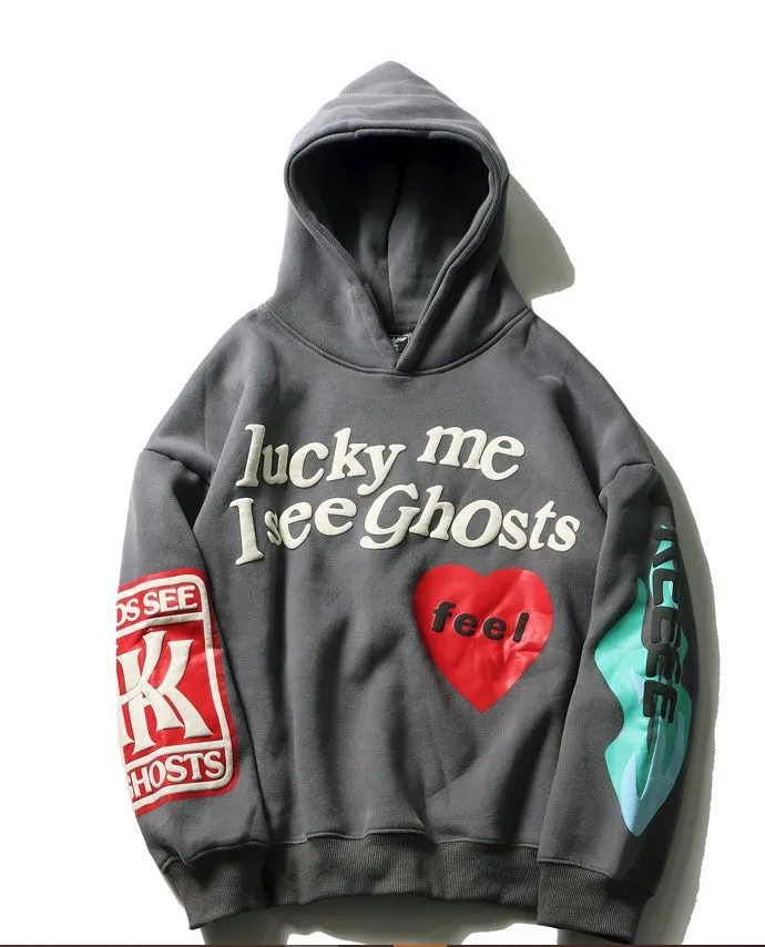 Loose cotton hoodie printed sweatshirt with letter pattern in grey, plus velvet lining, long sleeves