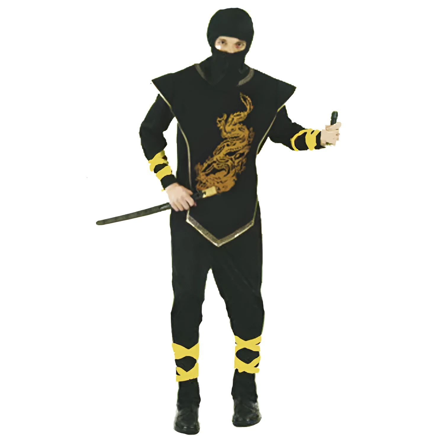 Adult high-end black ninja costume set with headgear, breastplate, top, pants, and golden laces