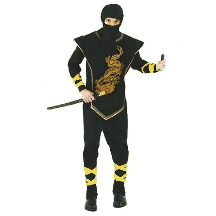 Adult high-end black ninja costume set with headgear, breastplate, top, pants, and golden laces