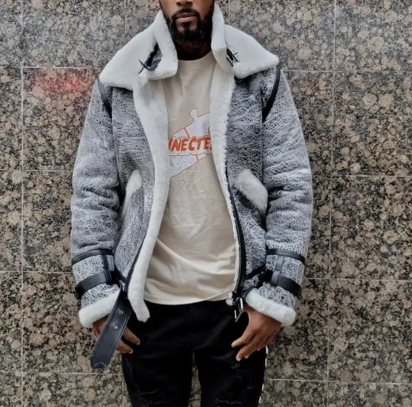 Men's off-white big fur collar jacket with zip closure, loose fit, grey colour, front view on hanger