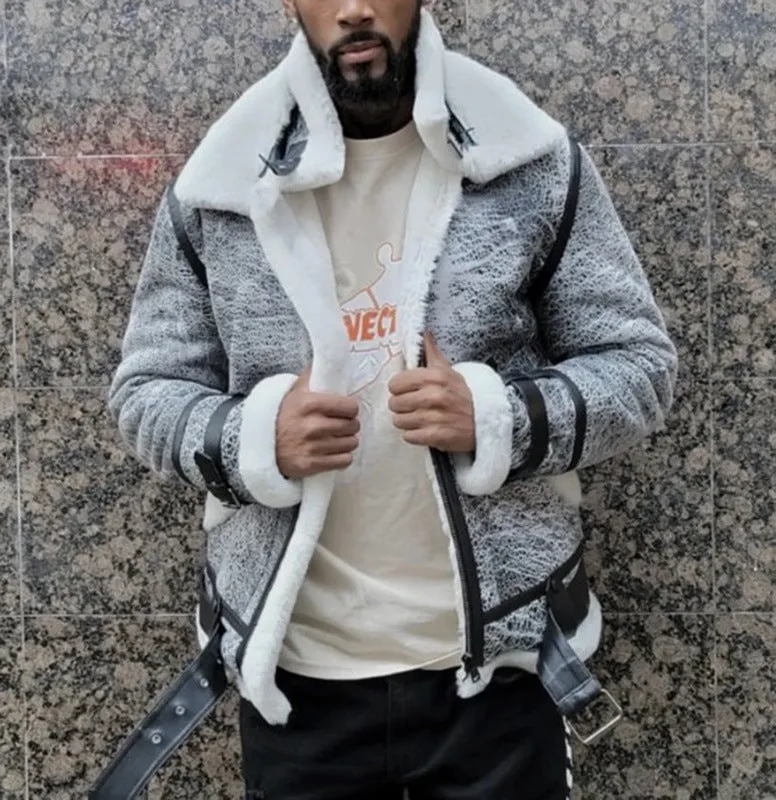 Men's off-white big fur collar jacket with zip closure, loose fit, grey colour, front view on hanger