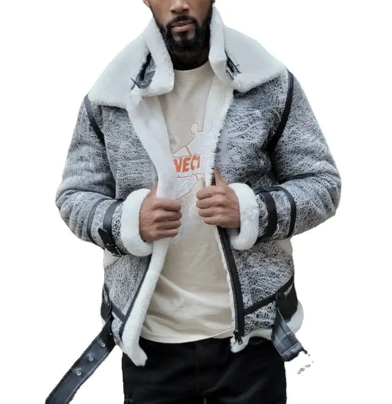 Men's off-white big fur collar jacket with zip closure, loose fit, grey colour, front view on hanger