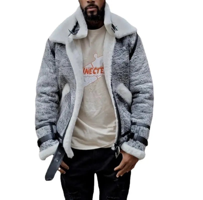 Men's off-white big fur collar jacket with zip closure, loose fit, grey colour, front view on hanger