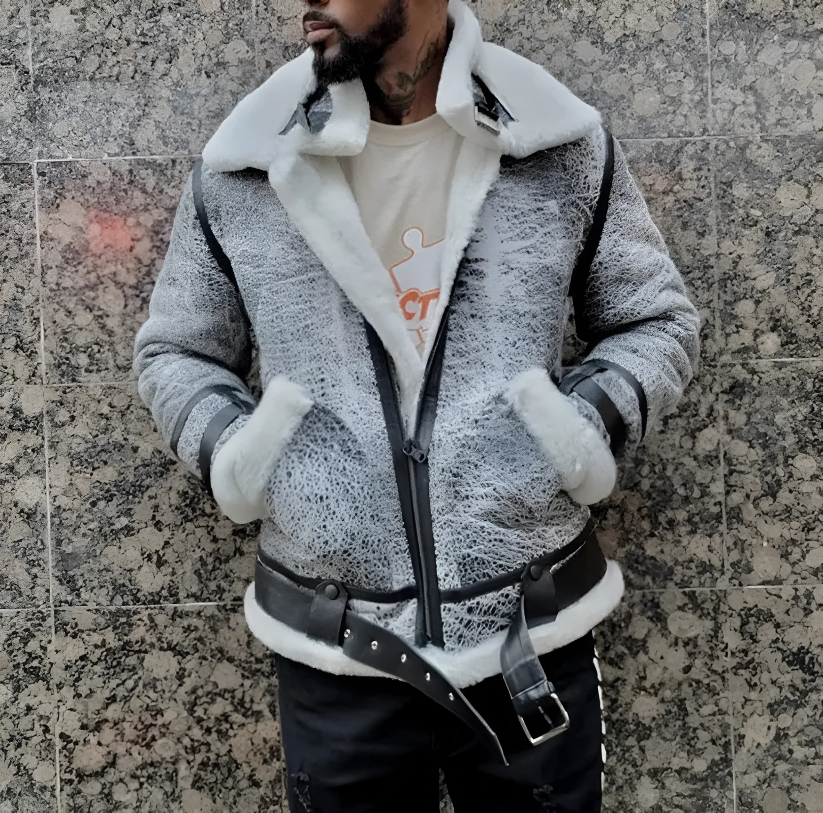 Men's off-white big fur collar jacket with zip closure, loose fit, grey colour, front view on hanger