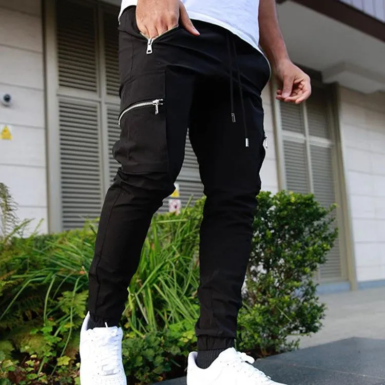 Men's zipper multi-pocket loose fit trousers in black, 95% polyester chemical fiber blend, with belt and small leg opening