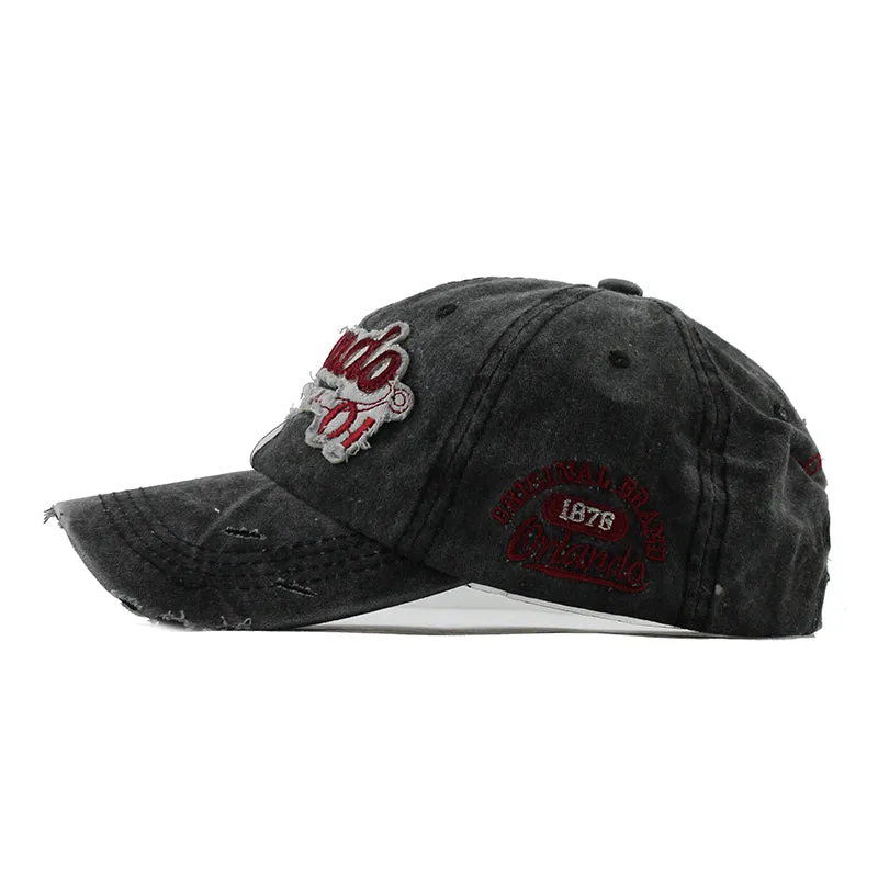 Cotton washed letter hat retro cowboy baseball cap in black with adjustable strap
