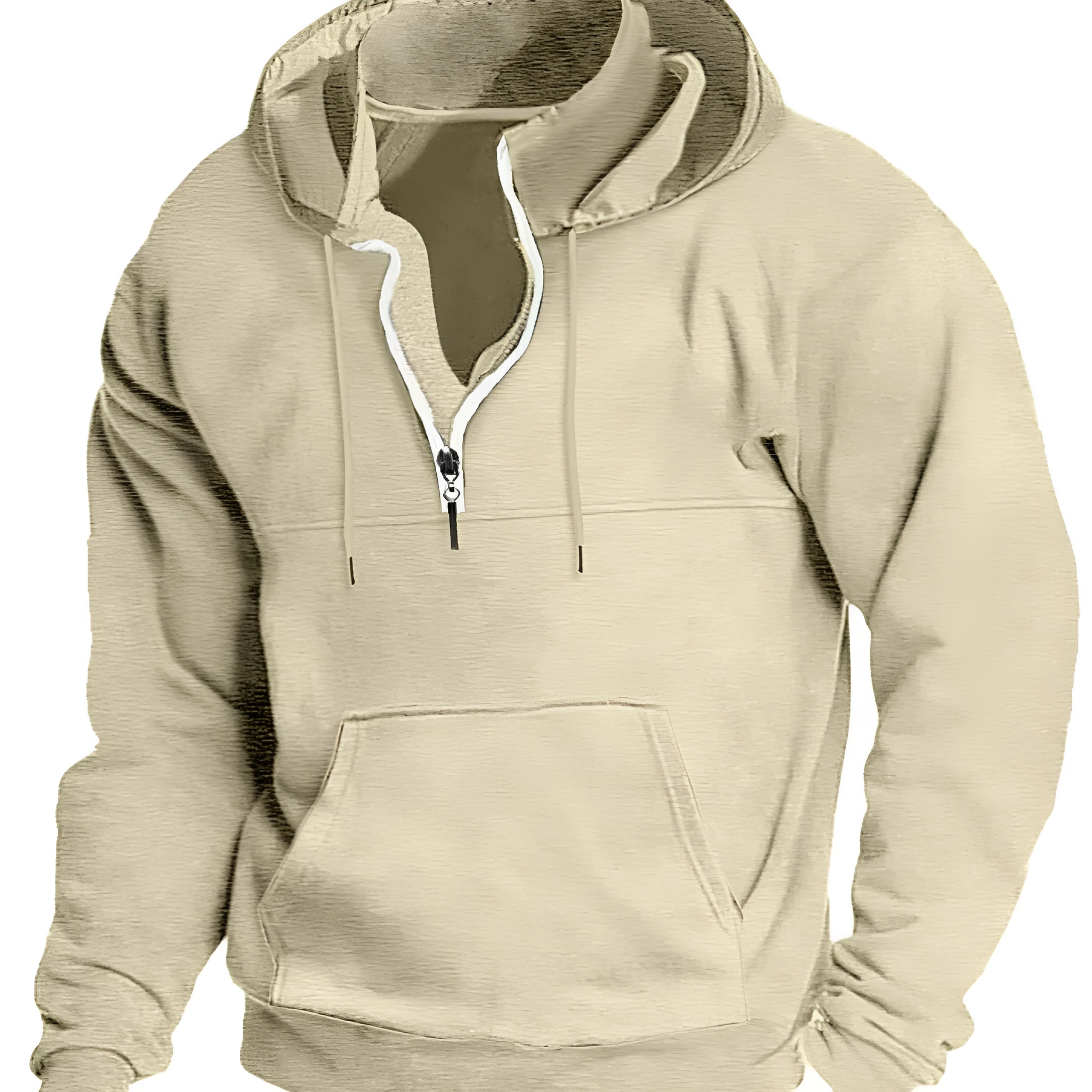 Men's hooded sweater in apricot colour, thick casual pullover jacket for winter, polyester fibre long sleeves