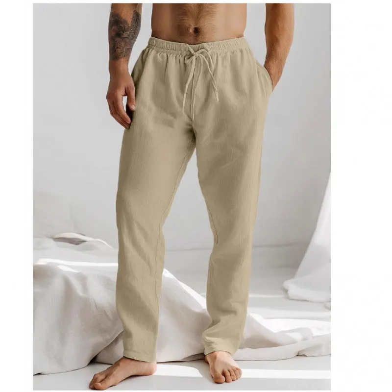 Summer men's cotton linen trousers in khaki, loose fit with elastic drawstring waist, straight leg