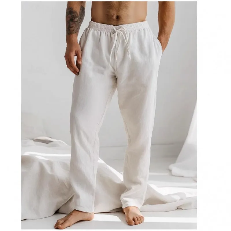 Summer men's cotton linen trousers in khaki, loose fit with elastic drawstring waist, straight leg