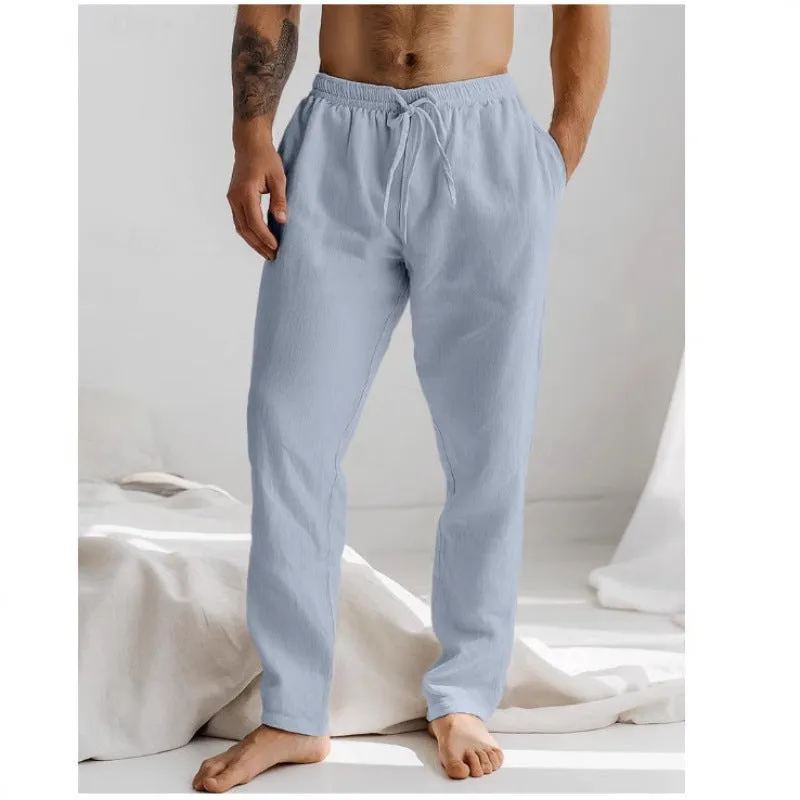 Summer men's cotton linen trousers in khaki, loose fit with elastic drawstring waist, straight leg