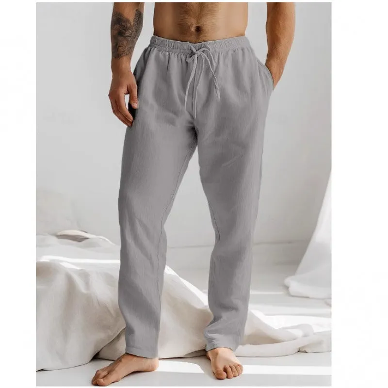 Summer men's cotton linen trousers in khaki, loose fit with elastic drawstring waist, straight leg