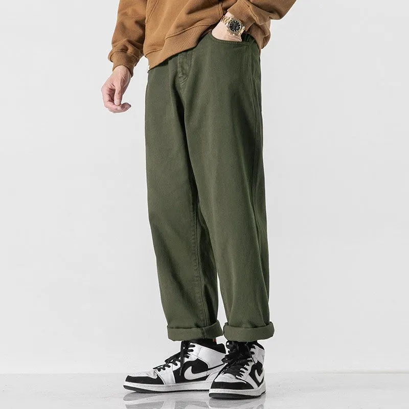 Retro solid colour loose straight trousers in army green with double layer belt waist