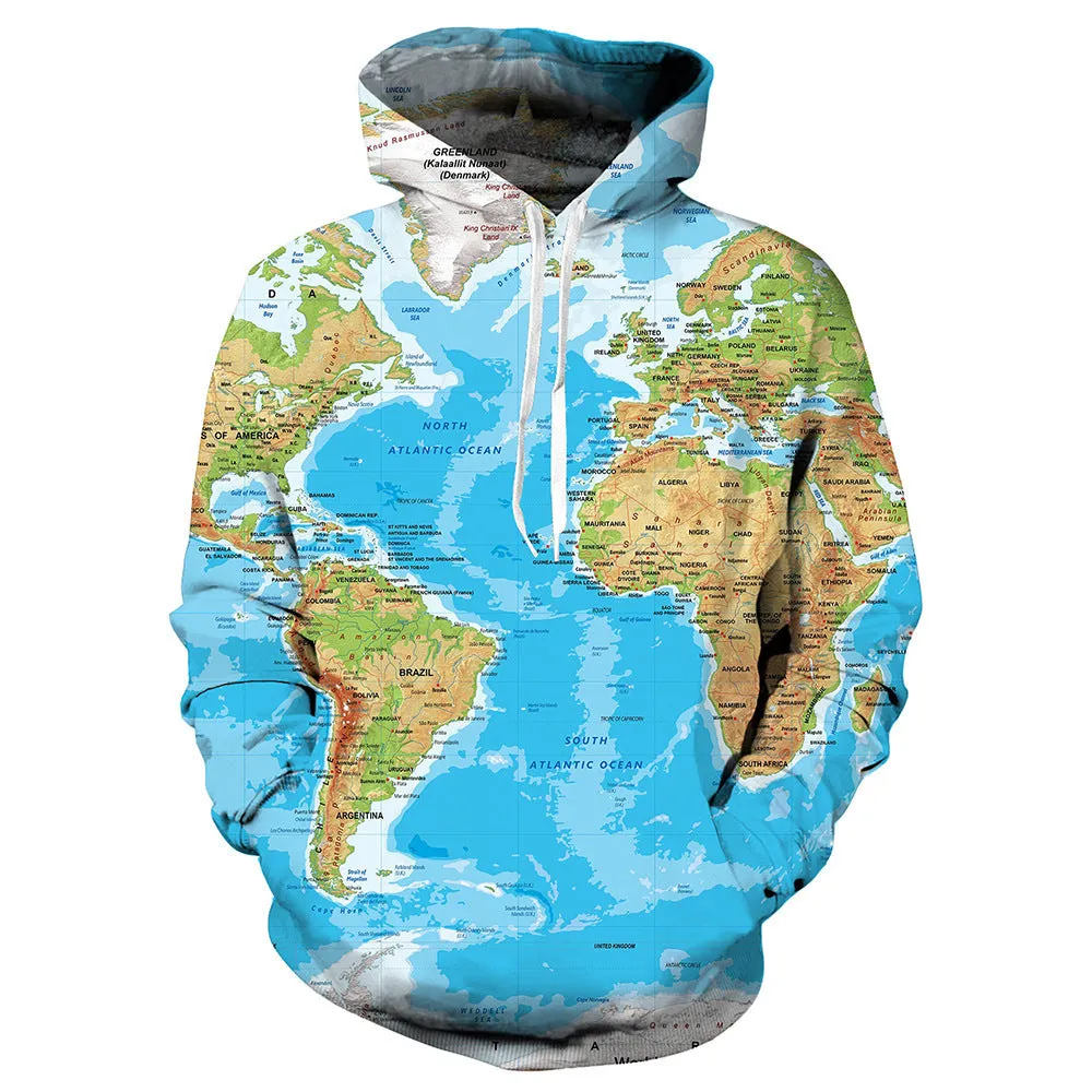 Blue digital print 3D effect patch pocket hoodie with polyester fabric, loose fit, long sleeves, and round neckline