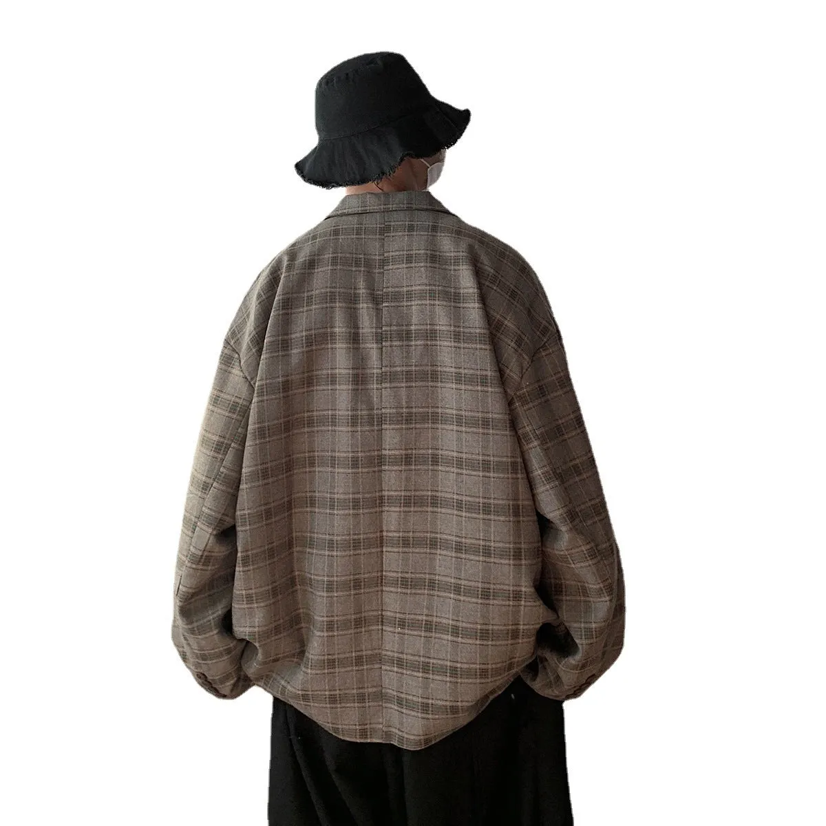 Retro casual loose plaid jacket for men in acetate fibre fabric shown flat