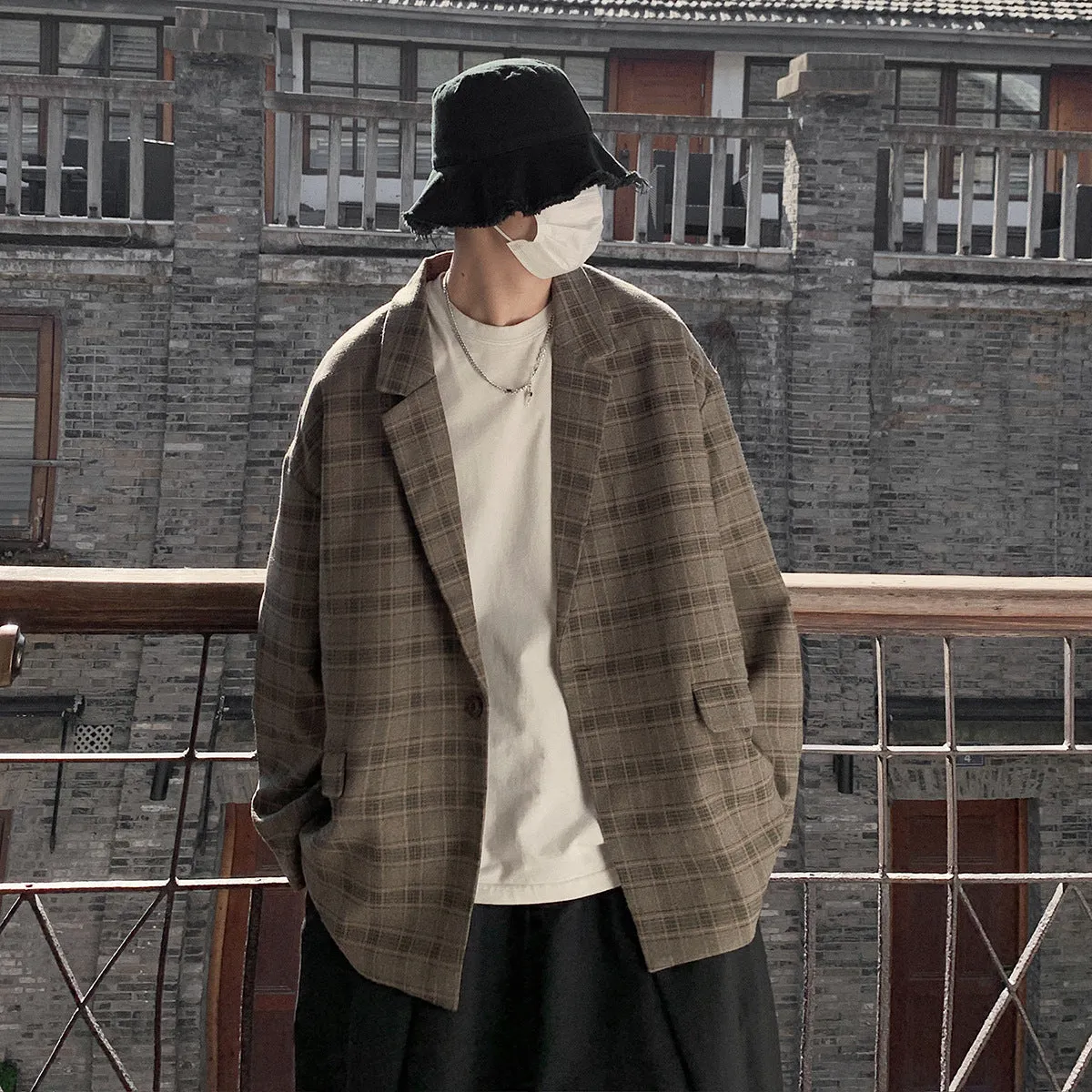 Retro casual loose plaid jacket for men in acetate fibre fabric shown flat