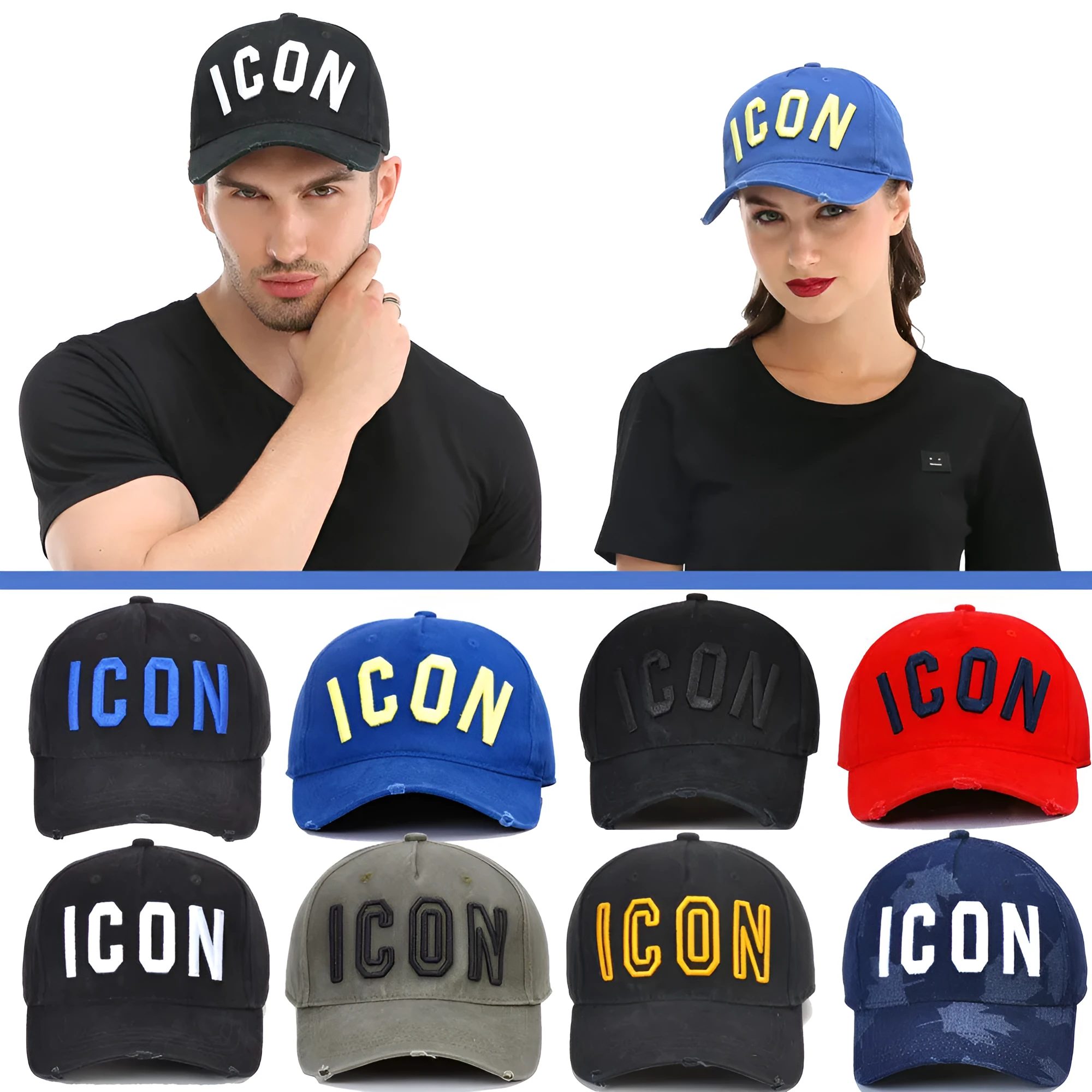 Cotton baseball cap with embroidered letters, dome top, available in black blue red colours