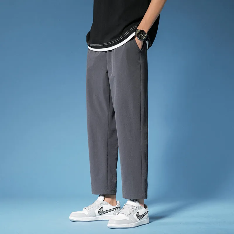 Mens solid colour cropped straight leg pants in black and gray, polyester drawstring waist, sizes M-5XL