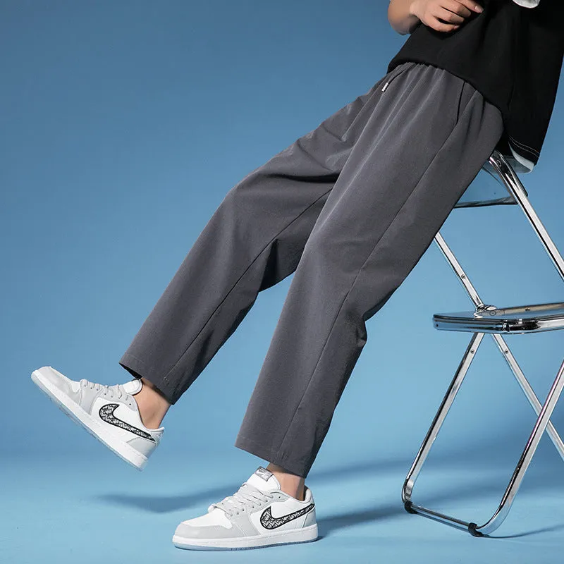 Mens solid colour cropped straight leg pants in black and gray, polyester drawstring waist, sizes M-5XL
