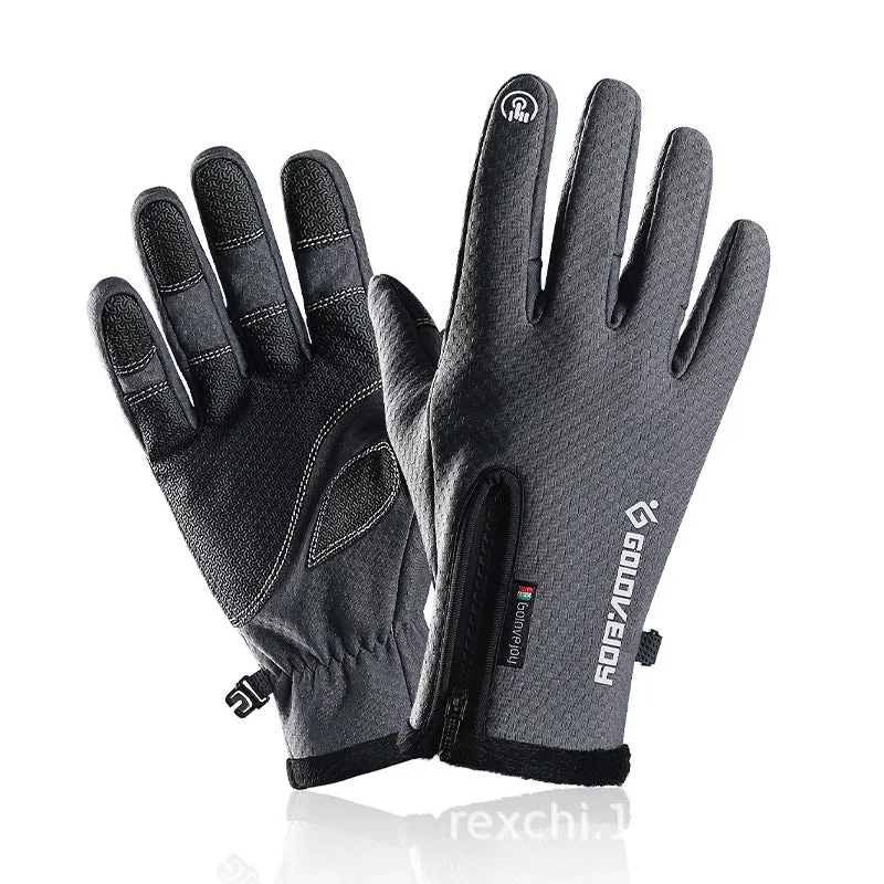 Pair of black polar fleece cycling gloves with split fingers and pattern, winter bike gear