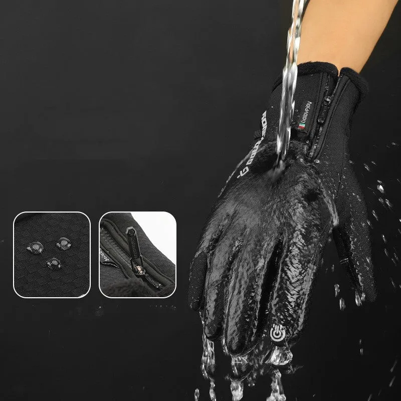 Pair of black polar fleece cycling gloves with split fingers and pattern, winter bike gear