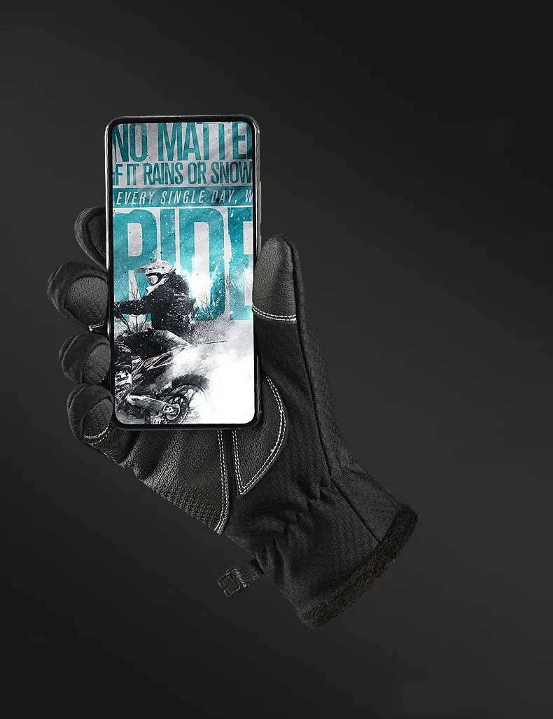 Pair of black polar fleece cycling gloves with split fingers and pattern, winter bike gear