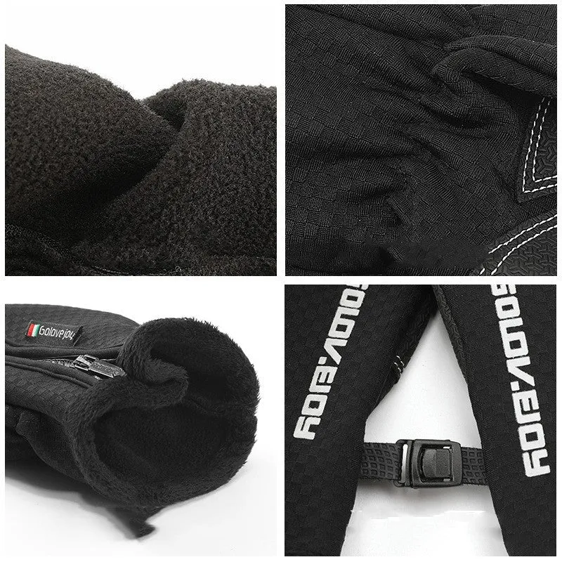 Pair of black polar fleece cycling gloves with split fingers and pattern, winter bike gear